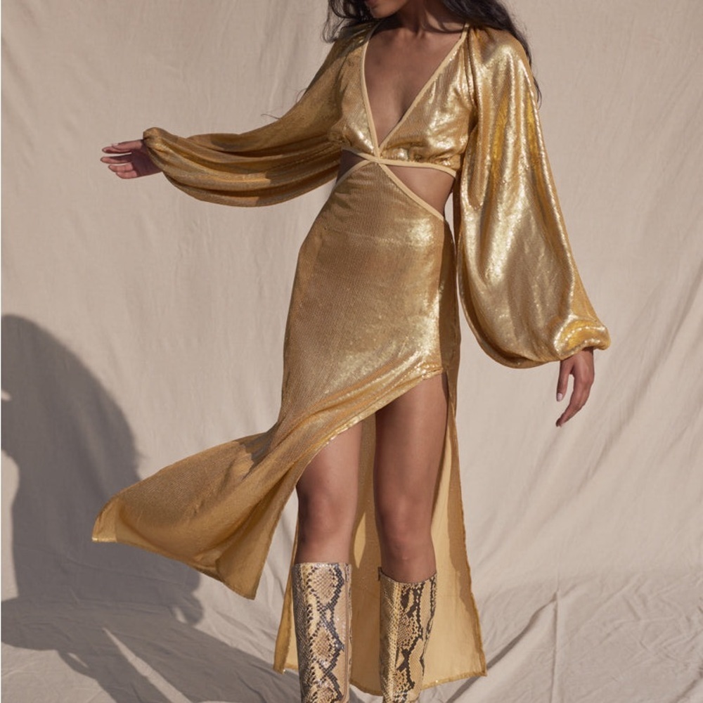 Jen's Pirate Booty Metallic Gold Maxi Dress with Balloon Sleeves